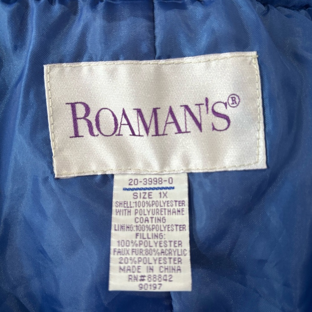 Roaman's Plus Size Blue Knee Length Puffer Coat w/Faux Fur Hood-size 1X - Picture 8 of 11
